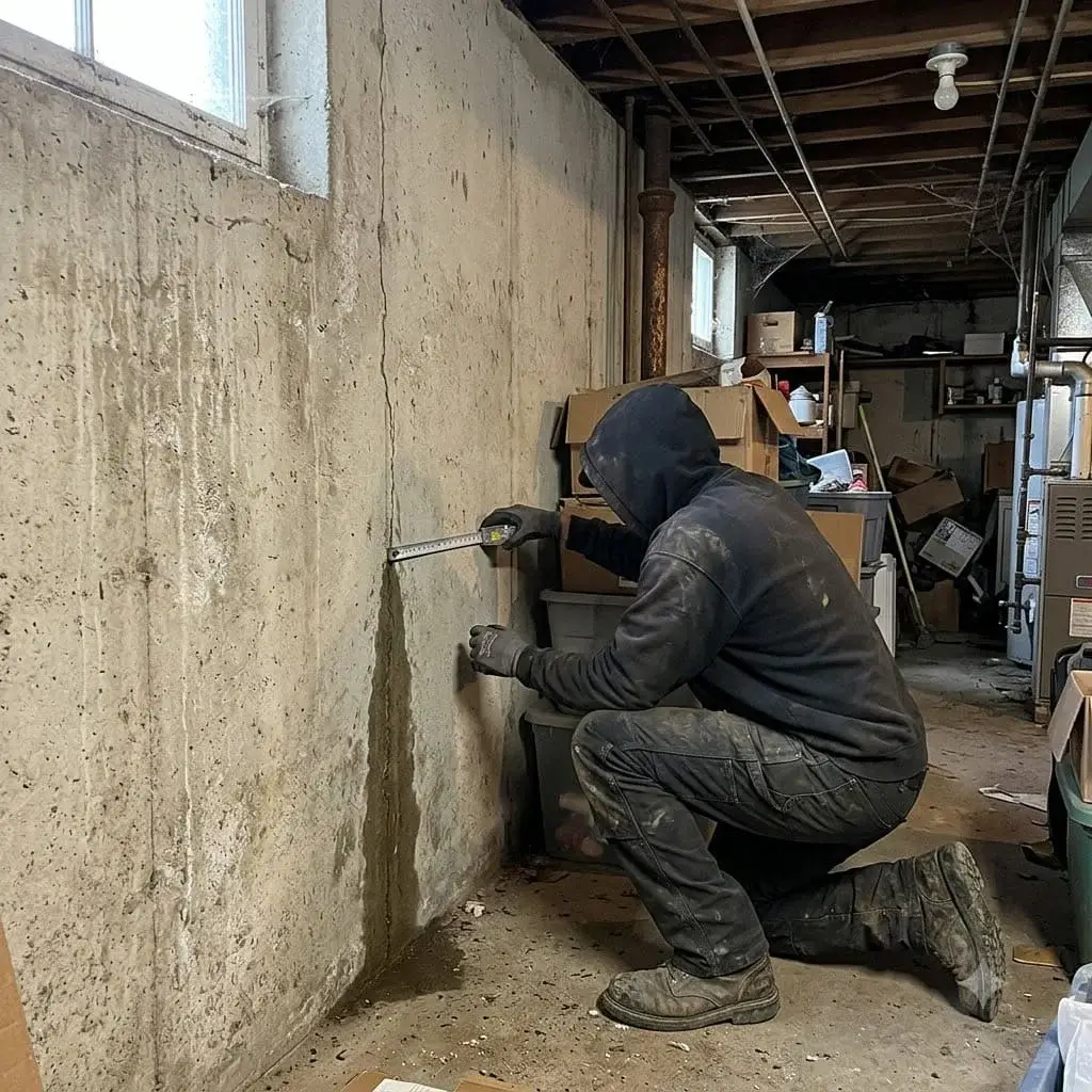 Hairline crack in a concrete wall being measured