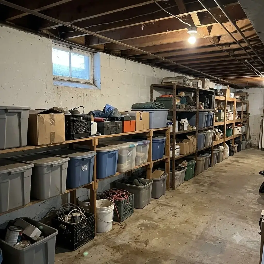Dry basement room with shelving