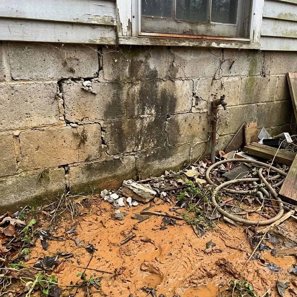 Exposed foundation wall with stains and cracked mortar