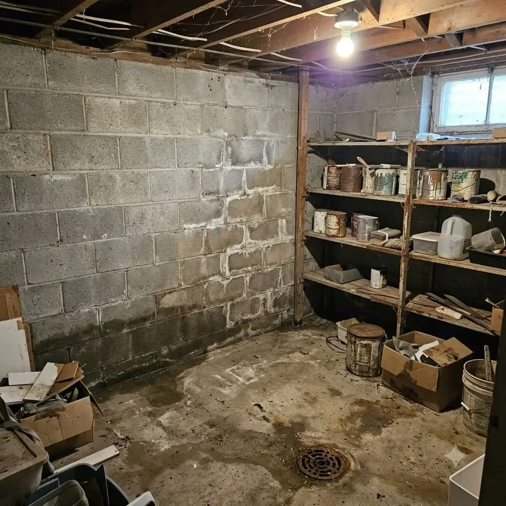 Damp block basement wall in an older Warren home