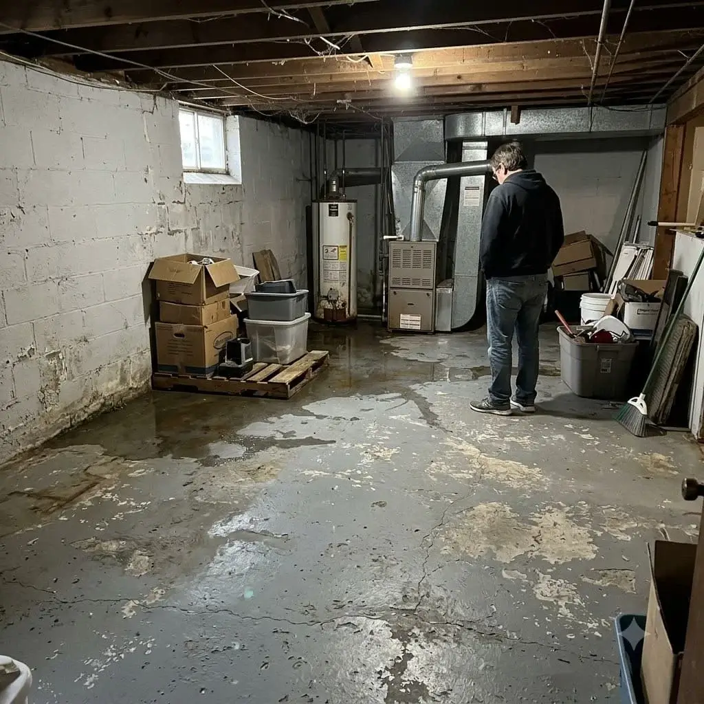 Basement with wet patches on the floor and a homeowner looking at them