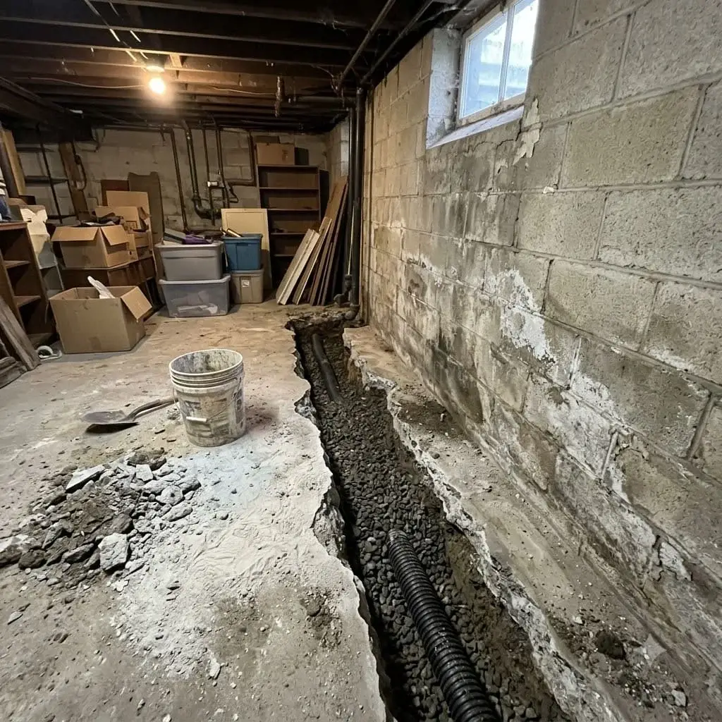 Drain channel and pipe along the base of a block wall