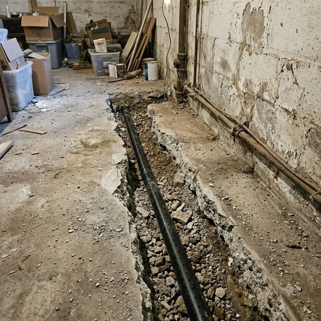 Open drain channel cut into a basement floor