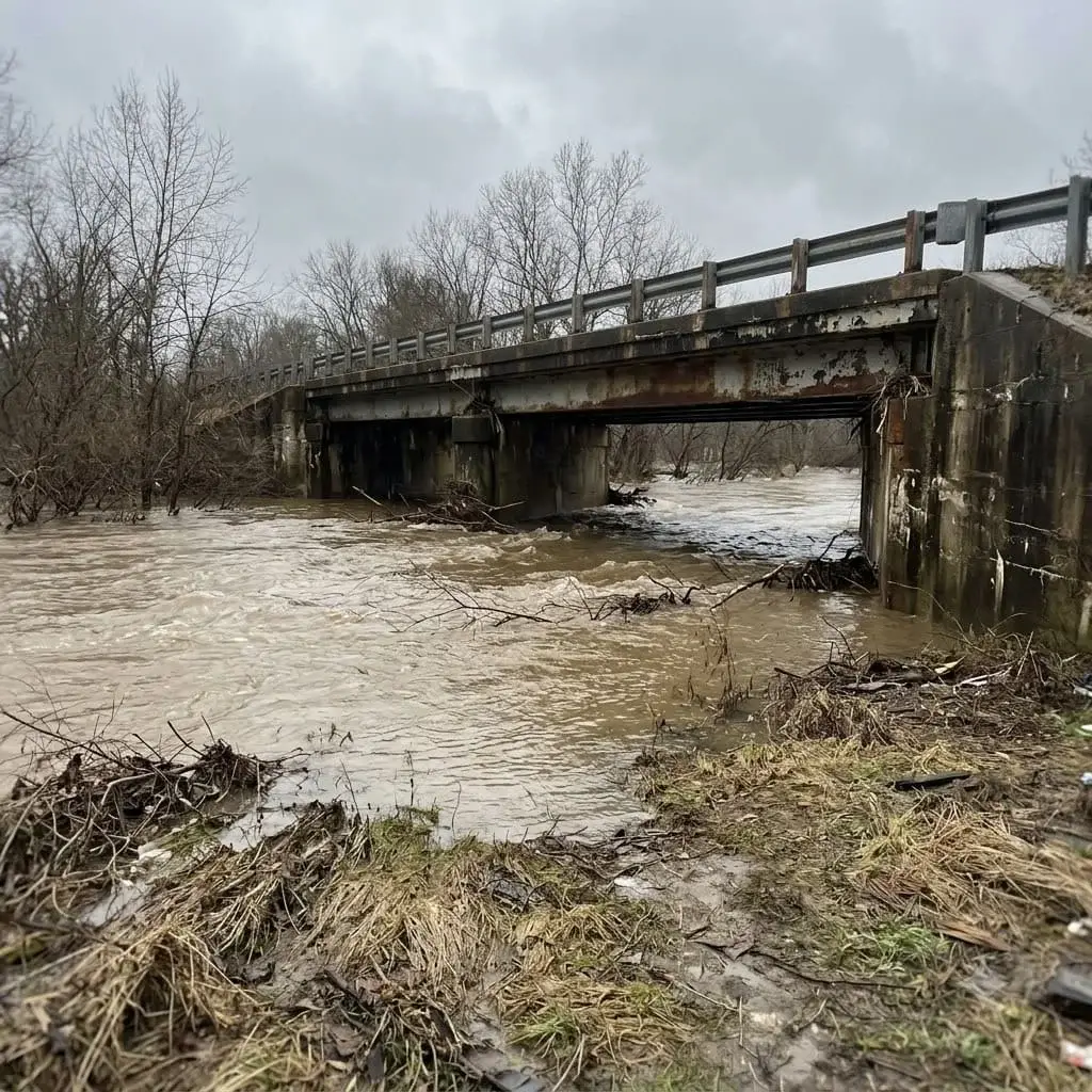 Mahoning River at high water under a bridge