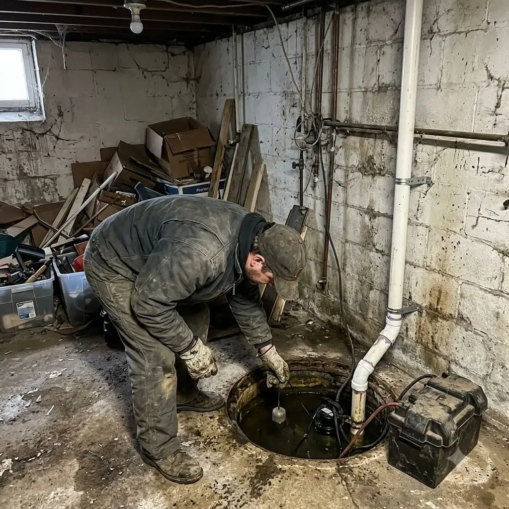 Sump pump with a battery backup unit in a basement corner